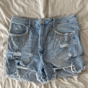 Stylish Light Blue Distressed Denim Shorts with Chains